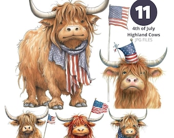 4th of July Highland Cows Clip Art, Set of 11 Hand Drawn Farm Animals, Highland Cows American, Digital Wall Art, Nursery Decor, USA