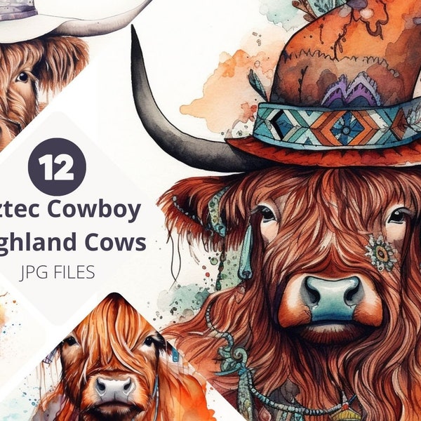 Aztec Cowboy Highland Cows, Set of 12 Watercolor Cute Highland Cows in Cowboy Hats Clip Art, Digital Wall Art, Nursery Decor, Baby Shower