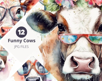 Funny Cows Illustrations Bundle, Set of 12 Watercolor Farm Cows Wearing Glasses Clip Art, Digital Paper for Decoupage and Commercial Use