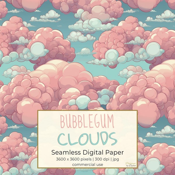 BUBBLEGUM CLOUDS, Seamless Kawaii Cotton Candy Sky Repeat Pattern for Backgrounds, Printable Digital Paper Set, Scrapbooking, for Crafters