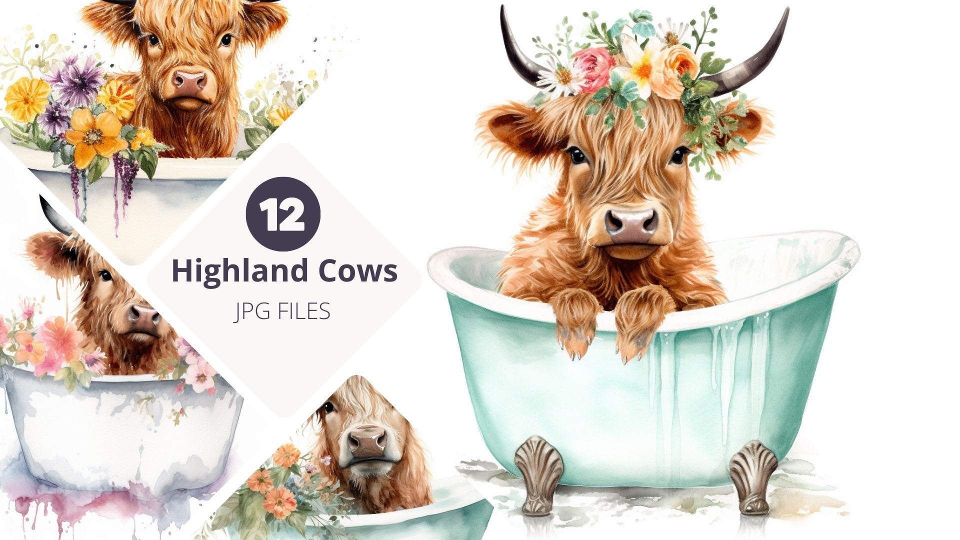 Highland Cow in Tub, Set of 12 Watercolor Farm Baby Highland Calf in Clawfoot Tub Clip Art, Digital Wall Art, Nursery Decor, Baby Shower