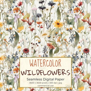WATERCOLOR WILDFLOWERS, Floral Seamless Repeat Pattern for Backgrounds, Printable Digital Paper, Scrapbooking, Textile, Crafting, Download