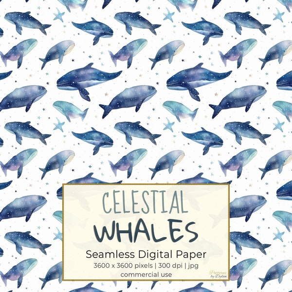 CELESTIAL WHALES, Blue Orca Seamless Repeat Pattern for Backgrounds, Printable Digital Paper Set, Scrapbooking, Watercolor, Download