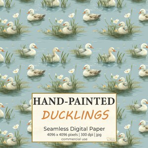 Papel digital de patinhos pintados à mão, padrão boho sem costura, superfície desenhada à mão de meados do século, design de repetição brilhante, ilustração de arte animal