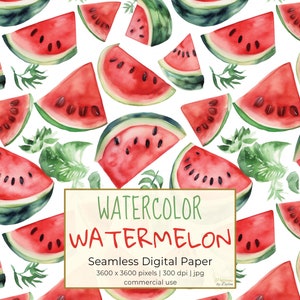 WATERCOLOR WATERMELON Digital Paper, Fruit Seamless Patterns, Printable Digital Paper, For Wallpapers, Wrapping Paper, Textiles