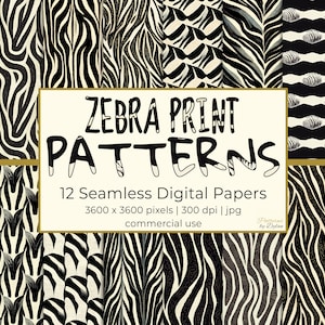 ZEBRA PRINT PATTERNS Digital Paper Pack, African Safari Seamless Patterns Set, Printable Instant Download, Stripes, Animal Print