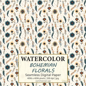Papel digital WATERCOLOR Boho FLORALS, padrão sem costura Boho, superfície desenhada à mão de meados do século, design de repetição brilhante, motivo terroso