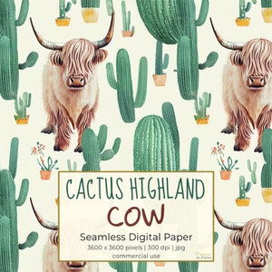 CACTUS HIGHLAND COW, Desert Plants Seamless Repeat Pattern for Backgrounds, Printable Digital Paper Set, Scrapbooking, Instant Download