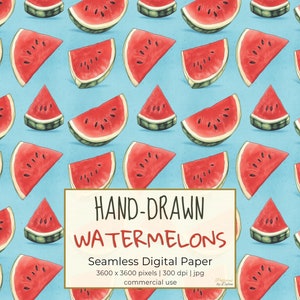Handgetekende Watermeloen Plakjes Digitaal Papier, Aardbei Fruit Naadloze Patronen, Afdrukbaar Digitaal Papier, Voor Achtergronden, Inpakpapier