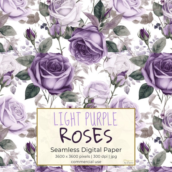 LIGHT PURPLE ROSES Digital Paper, Lilac Green Rose Seamless Patterns, Printable Digital Paper, For Wallpapers, Wrapping Paper, Textiles