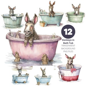 Niedliche Esel in Badewannen Handgezeichnete Illustrationen Bundle, Set von 12 Transparenten Hintergrund PNG Clip Art für Decoupage und kommerzielle Nutzung