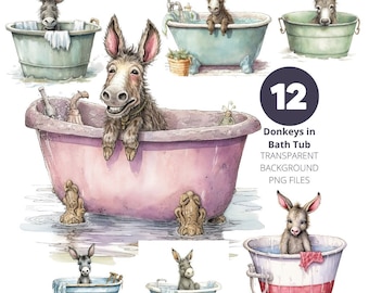Cute Donkeys in Bath Tubs Hand Drawn Illustrations Bundle, Set of 12 Transparent Background PNG Clip Art for Decoupage and Commercial Use