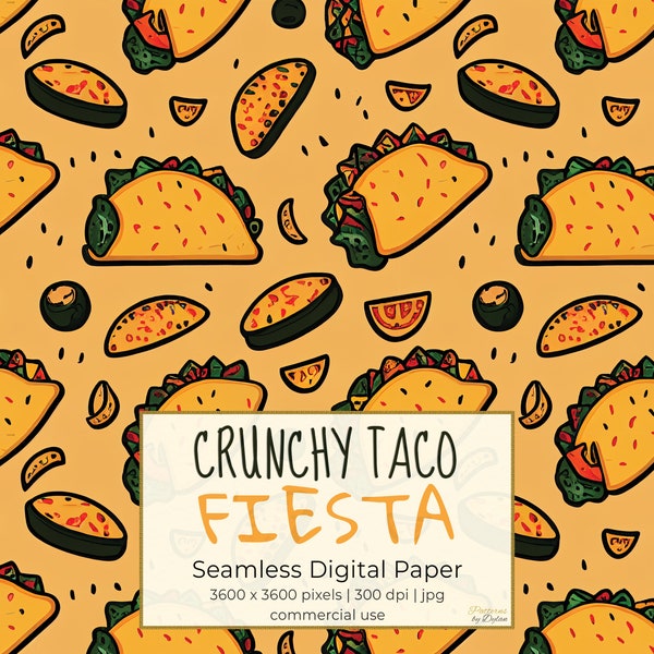 CRUNCHY TACO FIESTA, Colorful Tacos, Seamless Repeat Pattern for Backgrounds, Printable Digital Paper, Scrapbooking, Instant Download