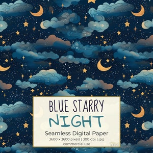 BLUE STARRY NIGHT, Seamless Bright Moon and Stars Ripeti Pattern per Sfondi, Carta Digitale Stampabile, Scrapbooking, Scaricabile