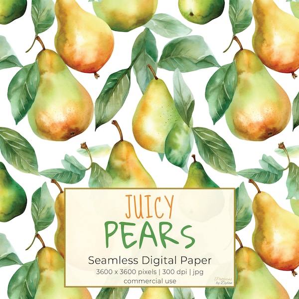 JUICY PEARS, Fresh Fruit Watercolor Seamless Repeat Pattern for Backgrounds, Printable Digital Paper, Scrapbooking, Textile, Download