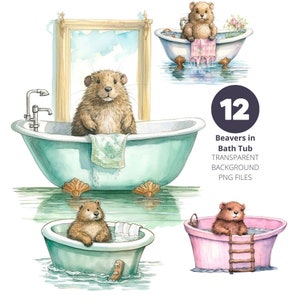 Cute Beavers in Bath Tubs Hand Drawn Illustrations Bundle, Set of 12 Transparent Background PNG Clip Art for Decoupage and Commercial Use