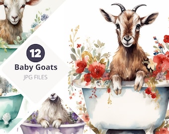 Baby Goat in Tub, Set of 12 Watercolor Cute Baby Goats in Clawfoot Tub Clip Art, Digital Wall Art, Nursery Decor, Baby Shower