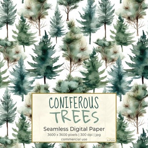 ARBRES CONIFÈRES, motif de répétition sans couture aquarelle pin épinette pour les arrière-plans, papier numérique imprimable, scrapbooking, textile, téléchargement