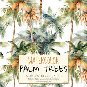 AQUARELL PALM BÄUME, tropisches Aquarell nahtloses Wiederholungsmuster für Hintergründe, druckbares digitales Papier, Scrapbooking, Textil, Download