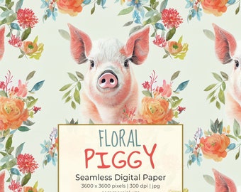 FLORAL PIGGY, Cute Farm Animal Pig Seamless Repeat Pattern for Backgrounds, Printable Digital Paper Set, Scrapbooking, Watercolor, Download