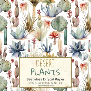 ACUARELA DE PLANTAS DEL DESIERTO, Patrón de repetición floral sin costuras para fondos, Papel digital imprimible, Scrapbooking, Textil, Elaboración, Descargar