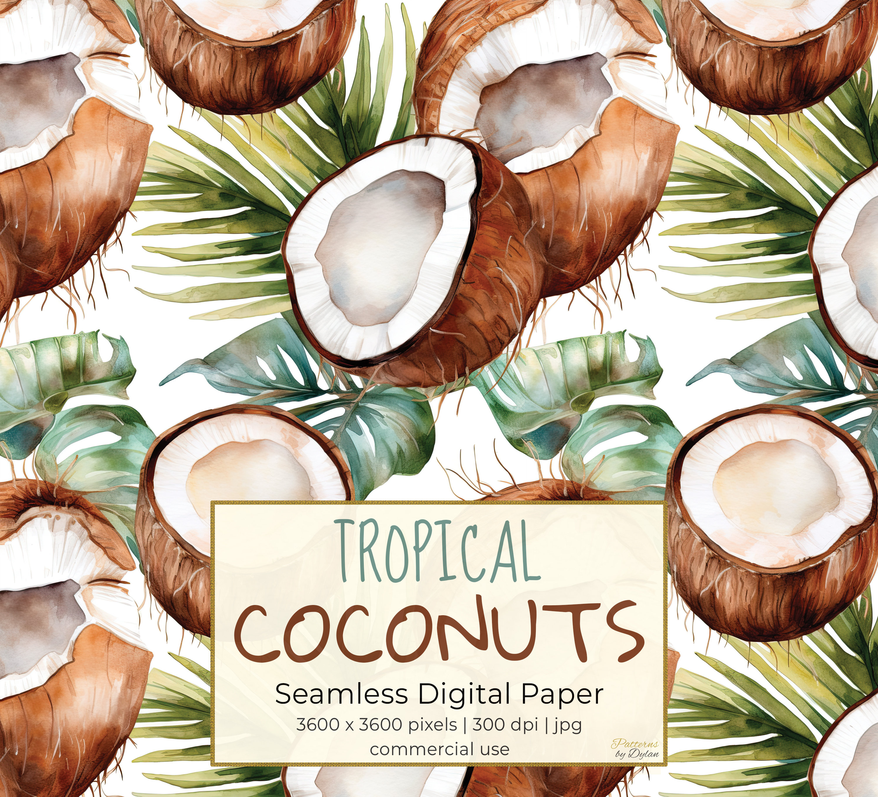 TROPICAL COCONUTS, Island Fruit Watercolor Seamless Repeat Pattern for