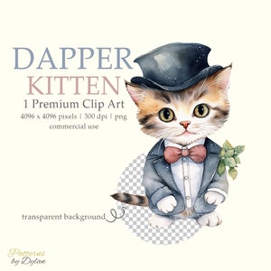 Dapper Kitten Premium Clip Art, Cute Baby Cat, Nursery Decor, Baby Shower, Watercolor PNG With Transparent Background for Commercial Use
