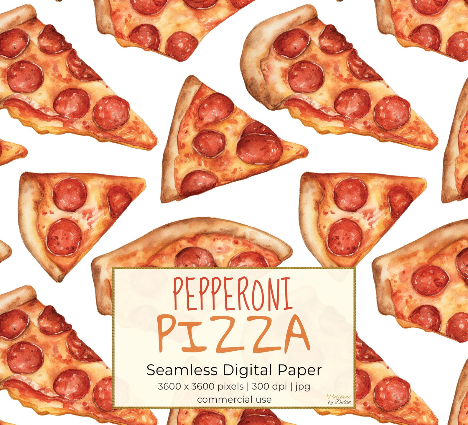 PEPPERONI PIZZA, Pizza Slices Watercolor Seamless Repeat Pattern for Backgrounds, Printable ...
