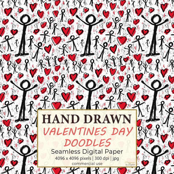 VALENTINES DAY DOODLES Hand Drawn Digital Paper, Heart Seamless Patterns, Printable Digital Paper, For Wallpapers, Wrapping Paper, Textiles
