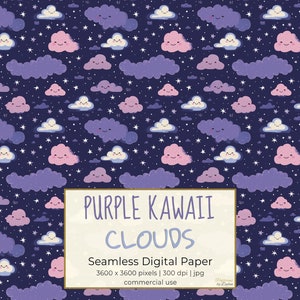 PURPLE KAWAII CLOUDS, Seamless Night Sky And Stars Repeat Pattern for Backgrounds, Printable Digital Paper, Scrapbooking, Downloadable