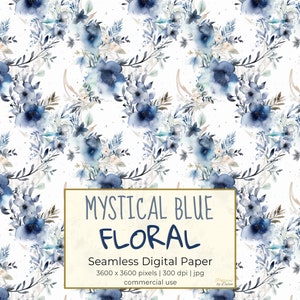 MISTICO BLU FLOREALE, Fiori azzurri Modello di ripetizione senza cuciture per sfondi, Set di carta digitale stampabile, Scrapbooking, Acquerello, Scarica