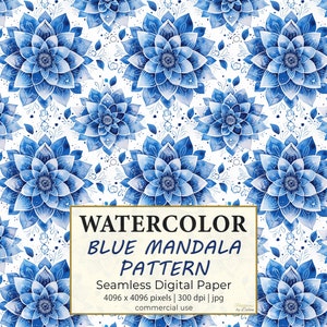 Papier numérique MANDALA AQUARELLE BLEUE, Motifs floraux clairs sans couture, Surface imprimable pour papiers peints, Papier cadeau, Textiles