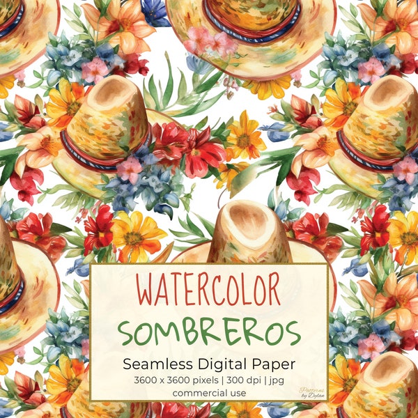 WATERCOLOR SOMBREROS Digital Paper, Cinco De Mayo Mexican Hat Seamless Patterns, Printable Digital Paper, For Wallpapers, Wrapping Paper