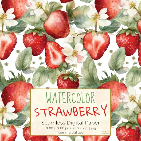 WATERCOLOR STRAWBERRY Digital Paper, Fruit Seamless Patterns, Printable Digital Paper, For Wallpapers, Wrapping Paper, Textiles