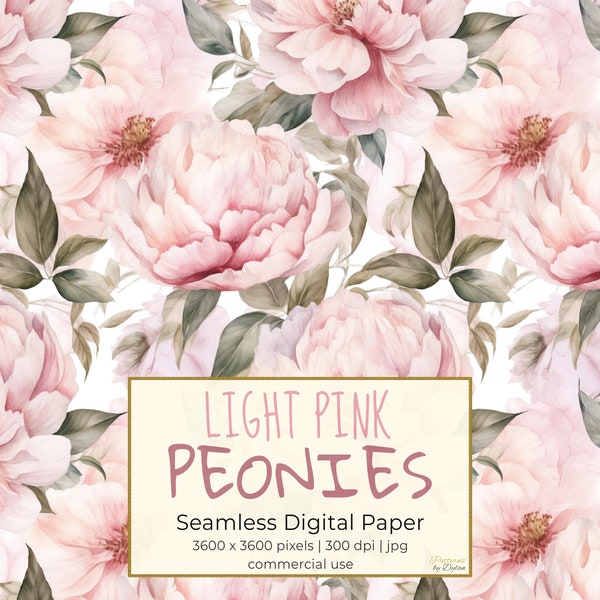LIGHT PINK PEONIES Digital Paper, Soft Pinkish Peony Seamless Patterns, Printable Digital Paper, For Wallpapers, Wrapping Paper, Textiles