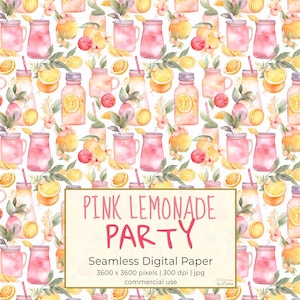FÊTE DE LIMONADE ROSE, motif de répétition sans couture de boisson aux agrumes pour les arrière-plans, papier numérique imprimable, scrapbooking, textile, téléchargement