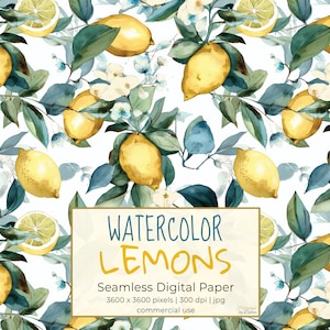Citrons aquarelle, motif de répétition sans couture d'agrumes pour les arrière-plans, papier numérique imprimable, scrapbooking, textile, téléchargement