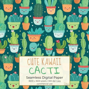 SCHATTIGE KAWAII CACTI, naadloze Hand getrokken Cactus herhaalpatroon voor achtergronden, afdrukbare digitale papier set, scrapbooking, voor Crafters