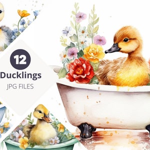 Kaczuszki w wannie, zestaw 12 akwarelowych uroczych małych kaczuszek w wannie na nóżkach Clip Art, cyfrowa sztuka ścienna, wystrój pokoju dziecięcego, baby shower