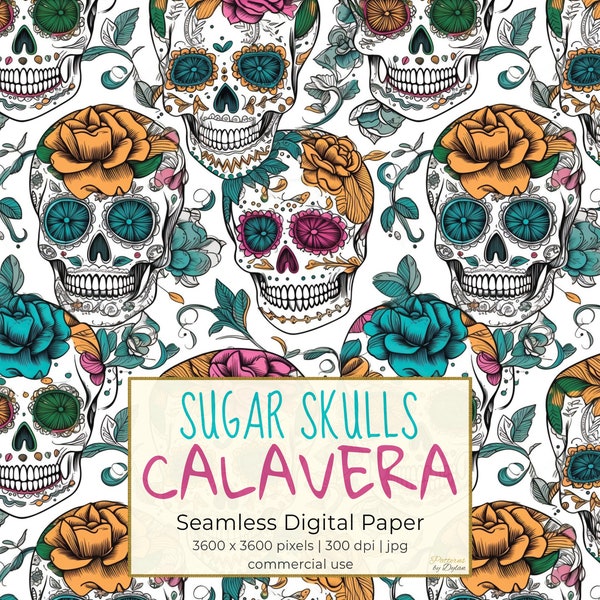 SUGAR SKULLS CALAVERA, Hand Drawn Human Skull Seamless Repeat Pattern for Backgrounds, Cinco De Mayo Mexican Style, Printable Digital Paper