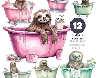 Cute Sloths in Bath Tubs Hand Drawn Illustrations Bundle, Set of 12 Transparent Background PNG Clip Art for Decoupage and Commercial Use
