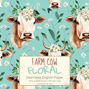 BLUMEN HOCHLAND KUH, Blumen Blütenblätter nahtloses Wiederholungsmuster für Hintergründe, druckbares digitales Papier-Set, Scrapbooking, Sofortiger Download