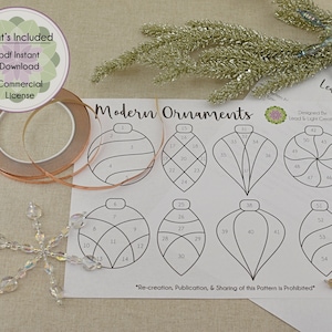 May include: A black and white printable pattern for making modern Christmas ornaments. The pattern includes six different ornament shapes, each with numbered sections for bead placement. The text "Modern Ornaments" is at the top of the page, and the text "Re-creation, Publication, & Sharing of this Pattern is Prohibited" is at the bottom of the page.