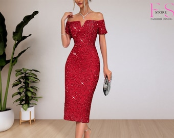 Valantine's Day Off Shoulder Sequin Red Dress, Formal Cocktail Dress, Elegant Evening Dress, Stylish Party Dress, Sparkly Long Dress