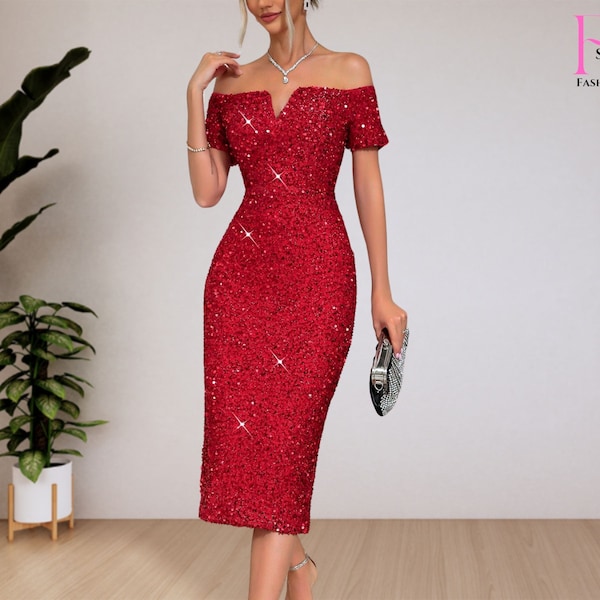 Valantine's Day Off Shoulder Sequin Red Dress, Formal Cocktail Dress, Elegant Evening Dress, Stylish Party Dress, Sparkly Long Dress