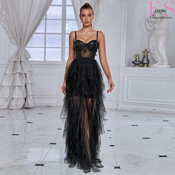 Sparkling Butterfly Sequin Evening Dress - Glamorous Tulle Mesh Black Dress, Black Cocktail Dress, Formal Party Dress, Long Prom Dress