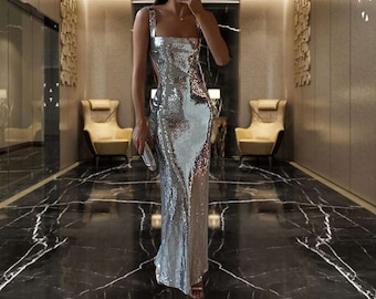 Robe argentée à sequins et col carré - Robe de cocktail et robe de soirée dos nu glamour, Tenue de soirée élégante, Tenue élégante scintillante, Robe sexy