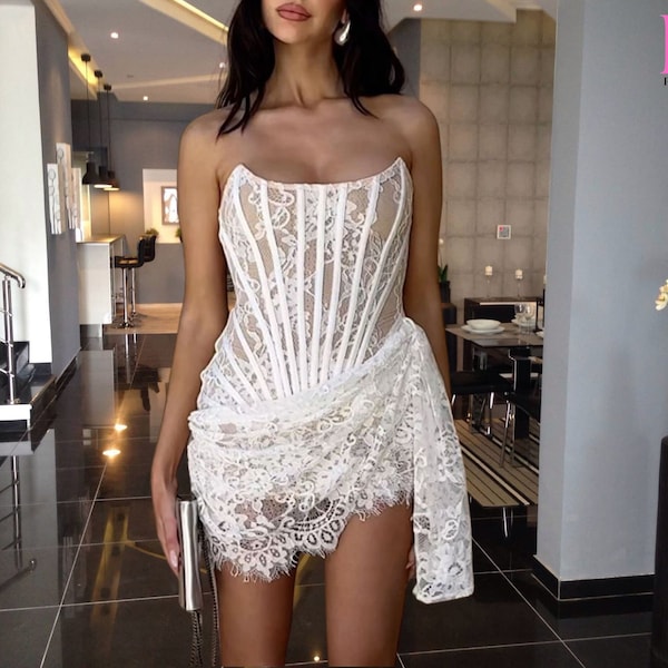 Sexy Waist Splicing Lace Sheer Dress for Parties, Sheer and Flirty Tube Dress, White Mini Dress, Elegant Party Dress, Sheer Cocktail Dress