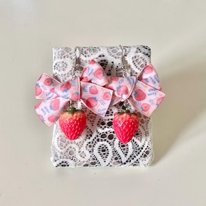 Pink Bow Strawberry Drop Earrings, Handmade Cute Fruit Earrings, Soft Girl Coquette Earrings, Fairy Birthday Christmas Gift for Her