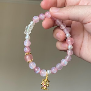 Handmade Pink Bead Bracelet, Carousel Charm, Fairycore Jewelry